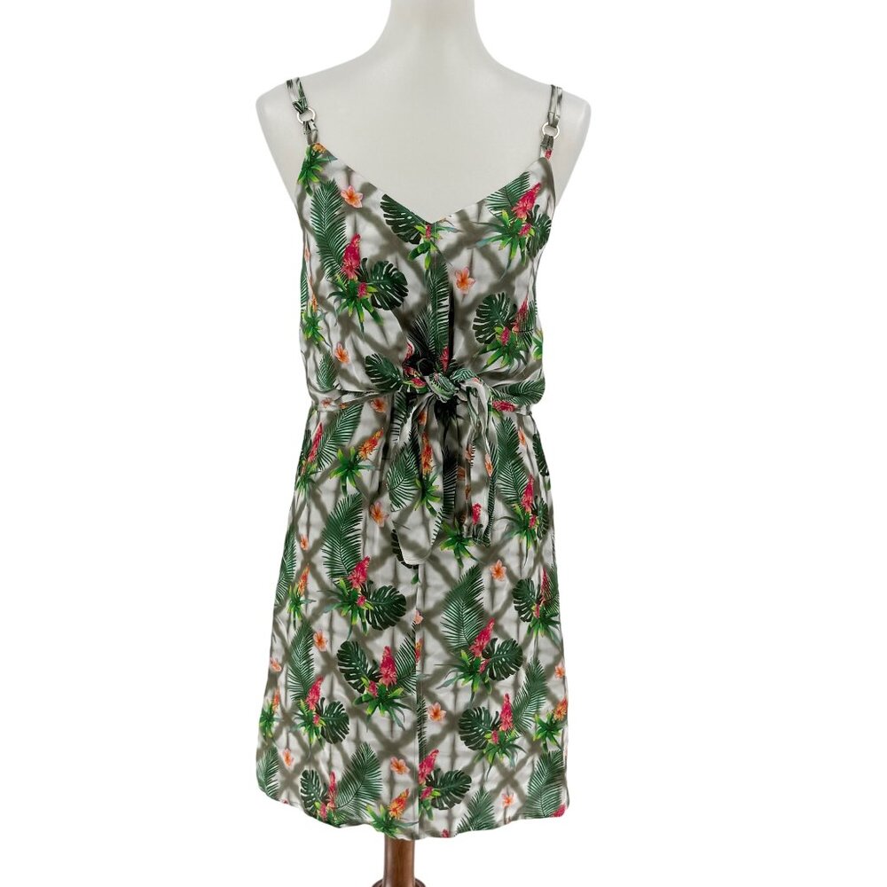 Tropical Print Sleeveless Mini Dress With Adjustable Straps & Tie Waist By Ecru